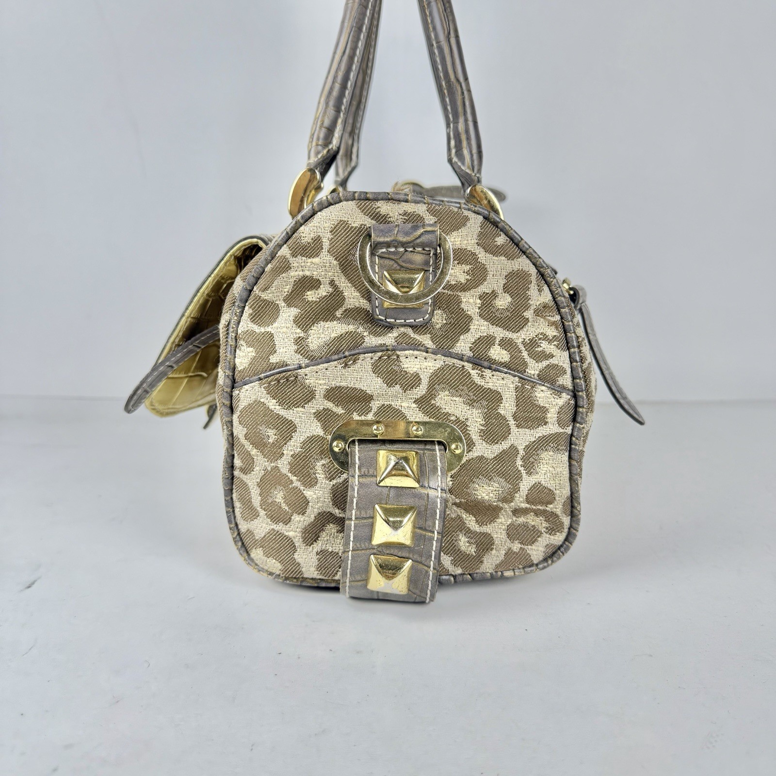 Guess Vintage Leopard Print Croc Trim Studded Satchel Gold Hardware Logo Handbag