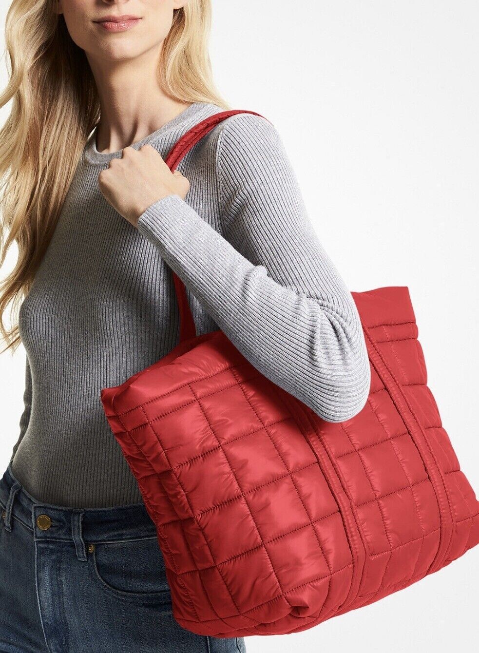 Michael Kors Stirling Padded Quilted Red Polyester Ladies Large Tote Bag Nwt