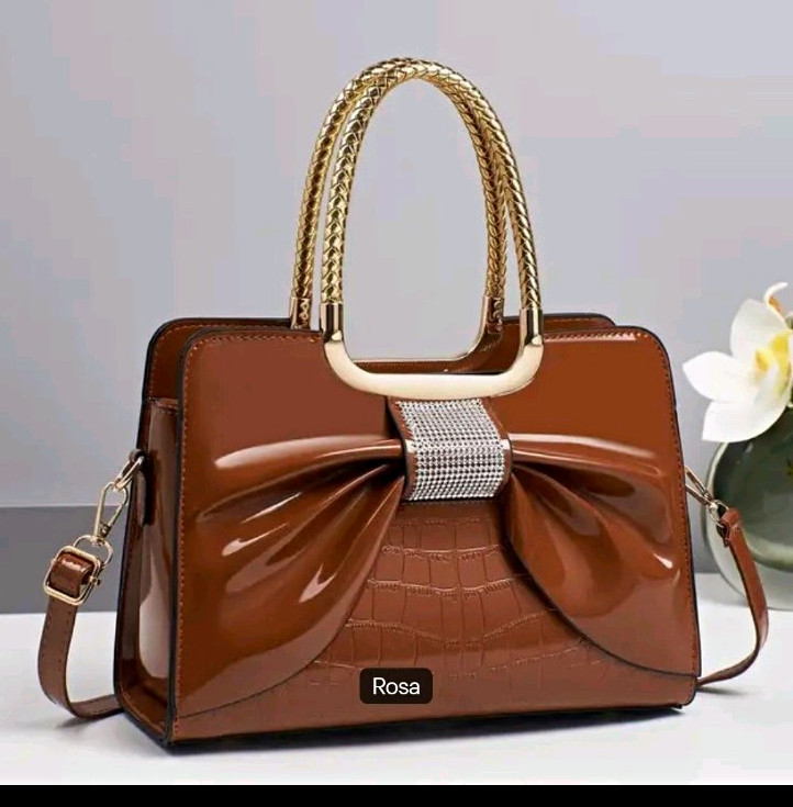 Brown Patent Crocodile Satchel Top Handle Bag Bow Rhinestone Gold/Silver Strap