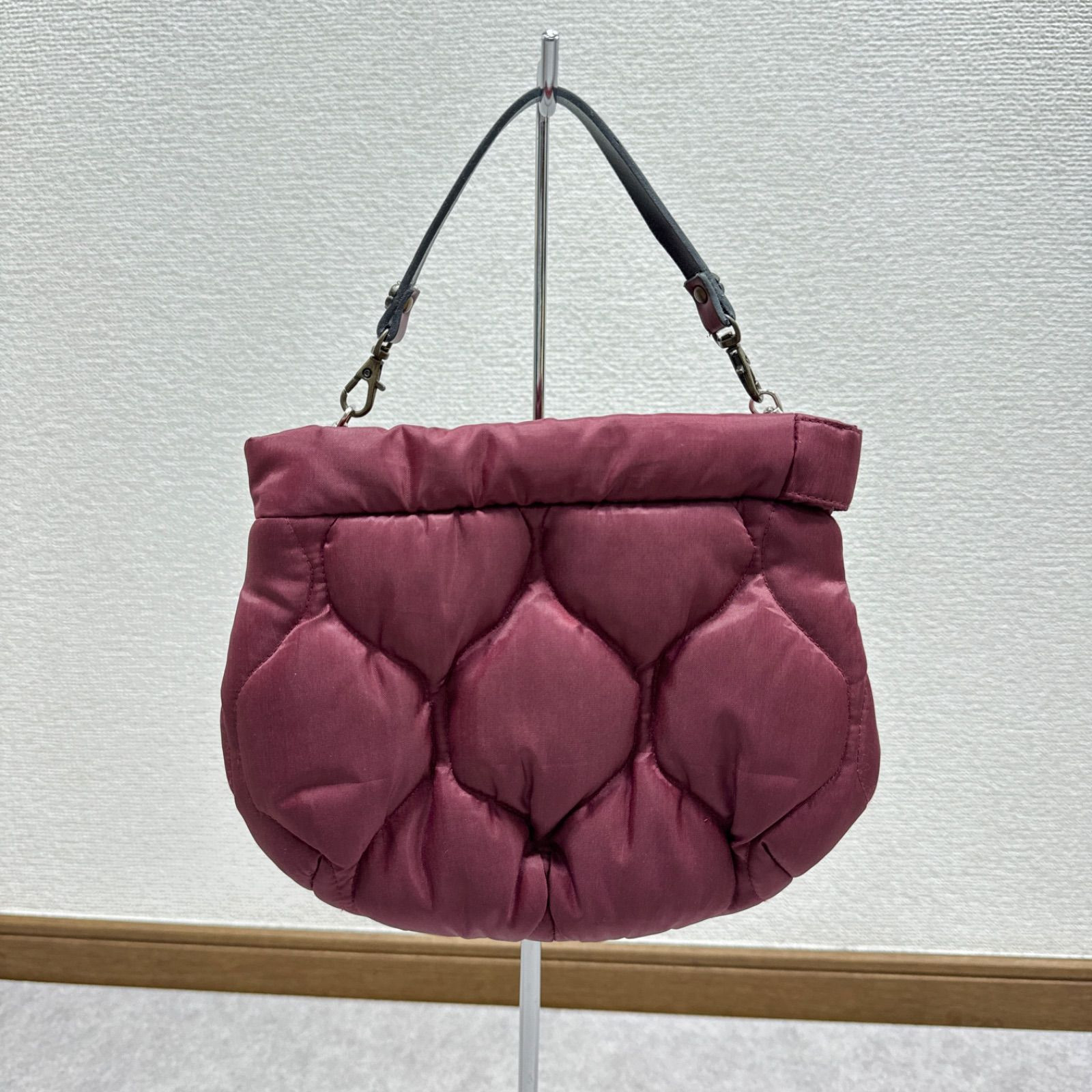 JAMIN PUECH Quilted Beaded Mini Handbag Pouch Burgundy Nylon Floral Design