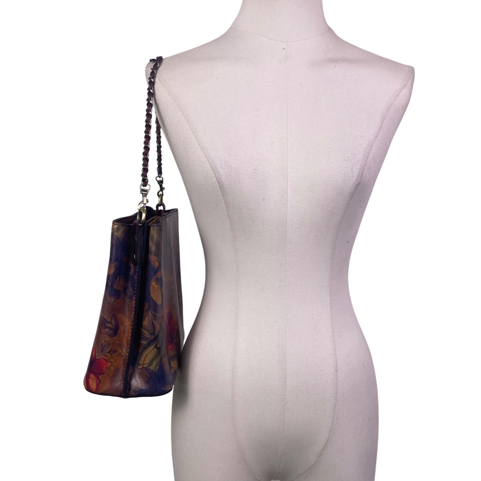 Patricia Nash Womens Brown Leather Floral Embossed Chain Strap Shoulder Tote Bag