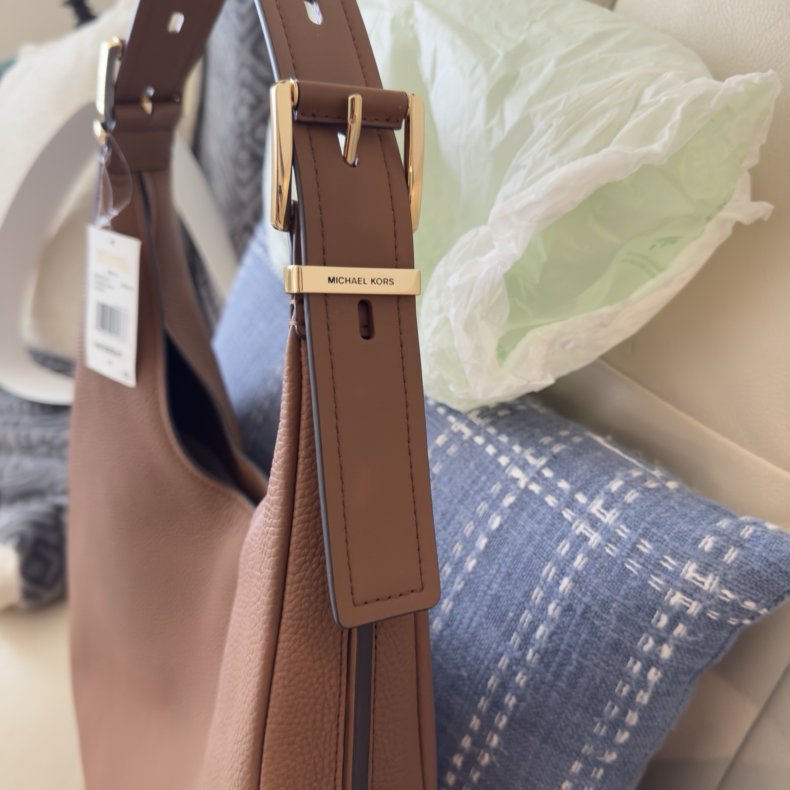 Michael Kors Large Nolita Hobo Shoulder Bag Brown Pebbled Finish Gold Hardware
