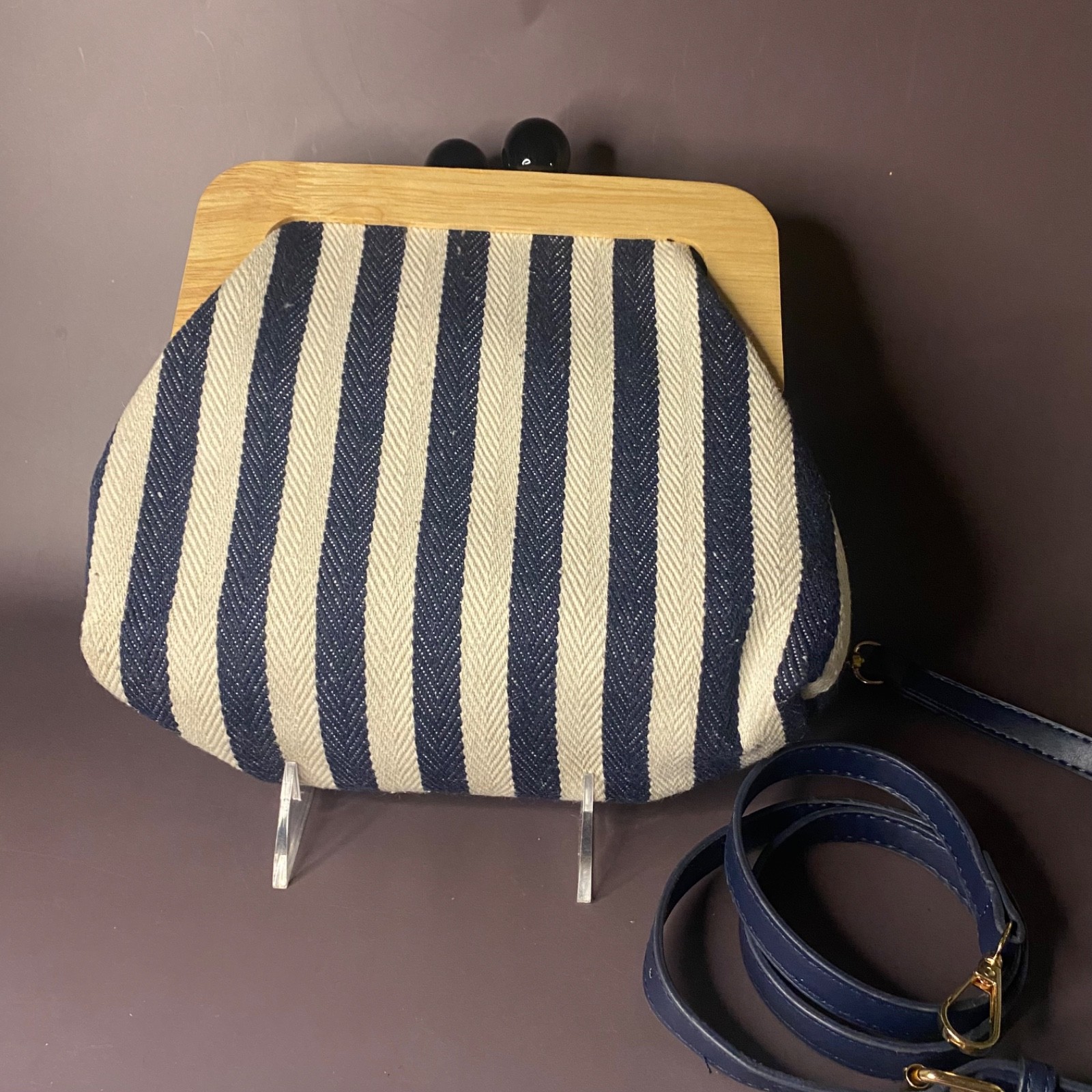 Navy Striped Canvas Wood Frame Purse-Detachable Strap-Nautical-Summer
