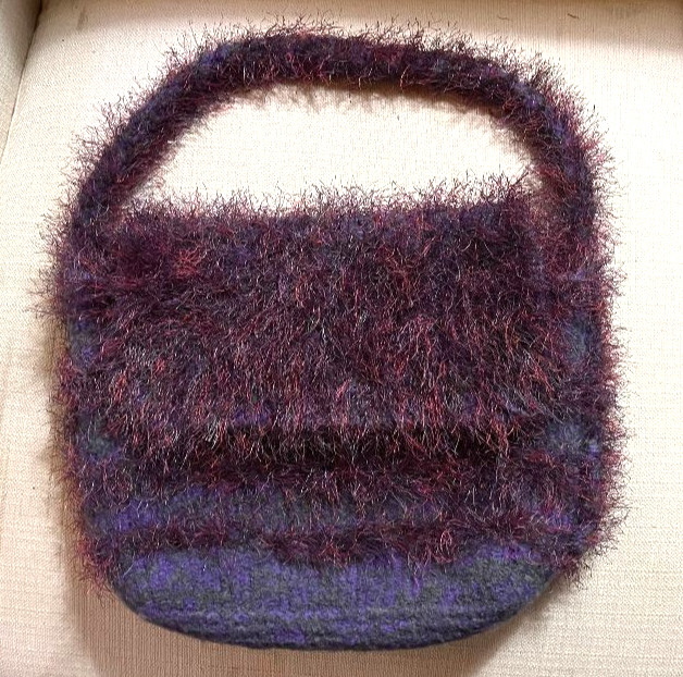 Boiled Wool Felt Knit Handbag w/ Strap 3″W x 11″L x 6″D Purple Burgundy Striped