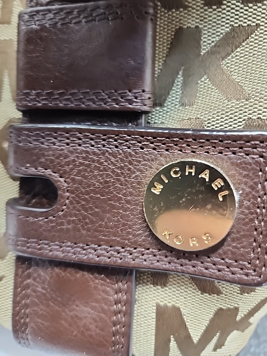 Michael Kors Signature Beige & Brown Harness Large Shoulder Bag