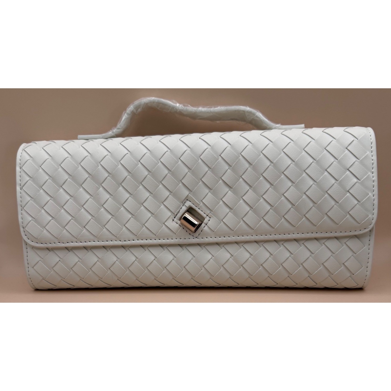 Few Moda East West Clutch Woven Faux Leather White Gold Turn Lock Crossbody Bag