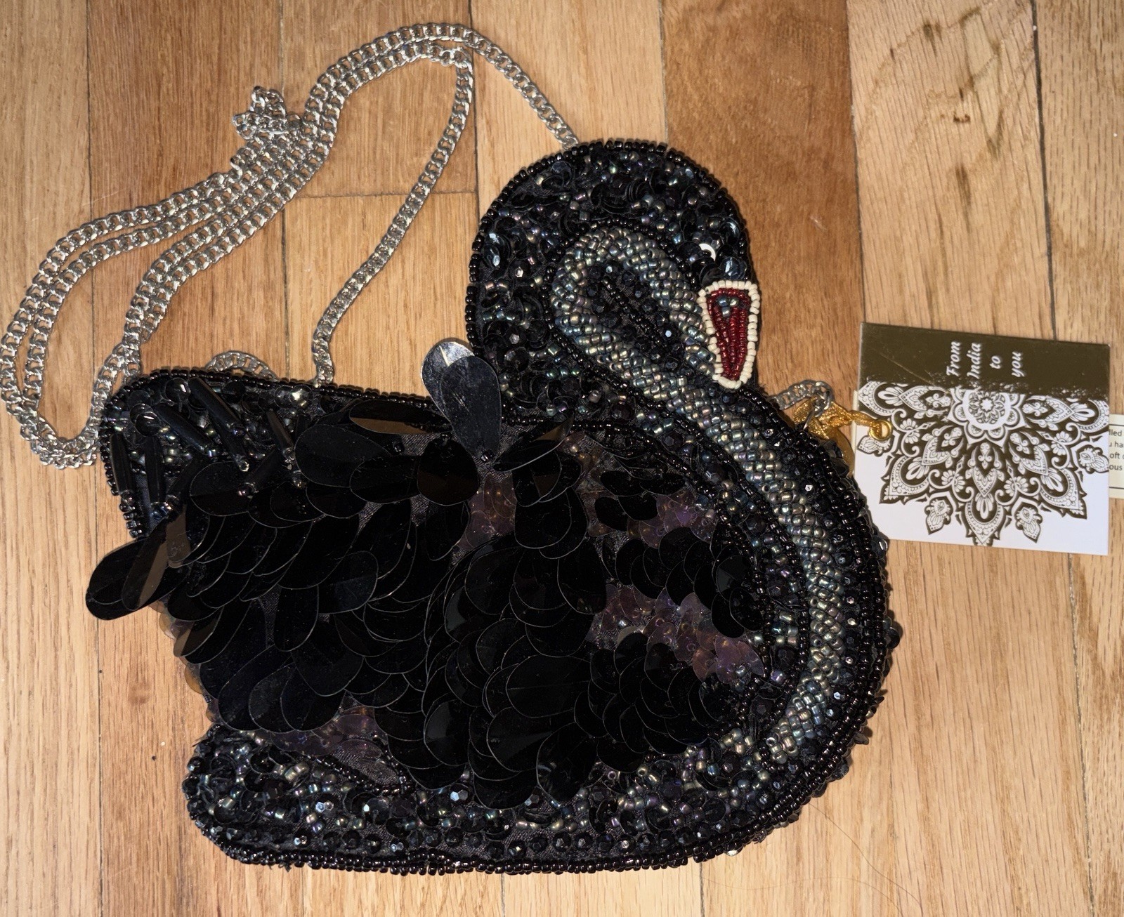 Viral Beaded BLACK SWAN Crossbody Bag Clutch Purse Handmade in India NWT