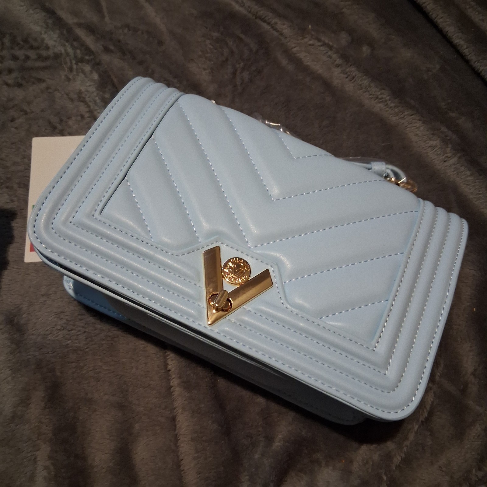 Valentino Orlandi Quilted Crossbody Shoulder Bag Baby Blue Gold Hardware NWT