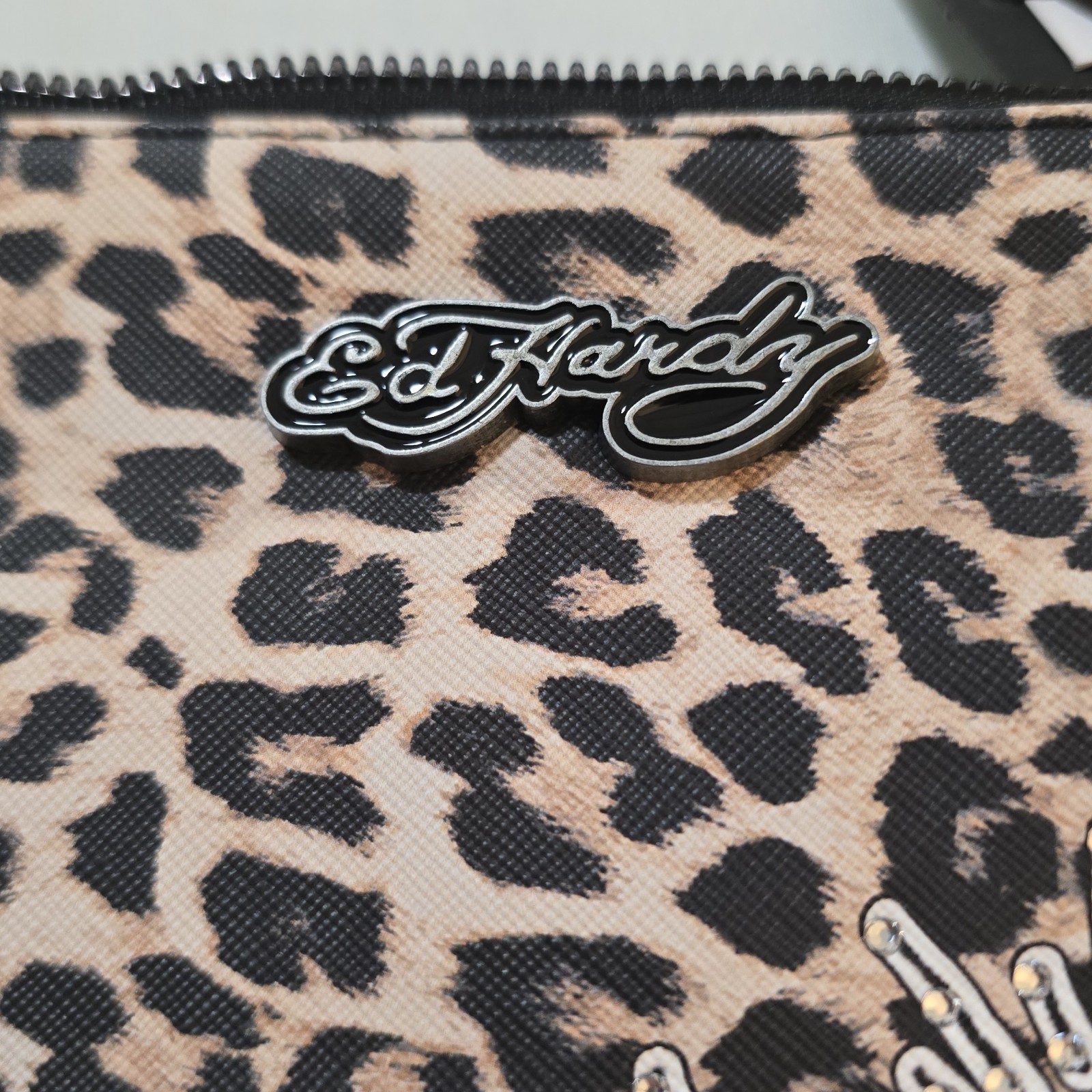 Ed Hardy Cheetah Leopard Print Love Hearts Rhinestone Wristlet Triple Hearts New