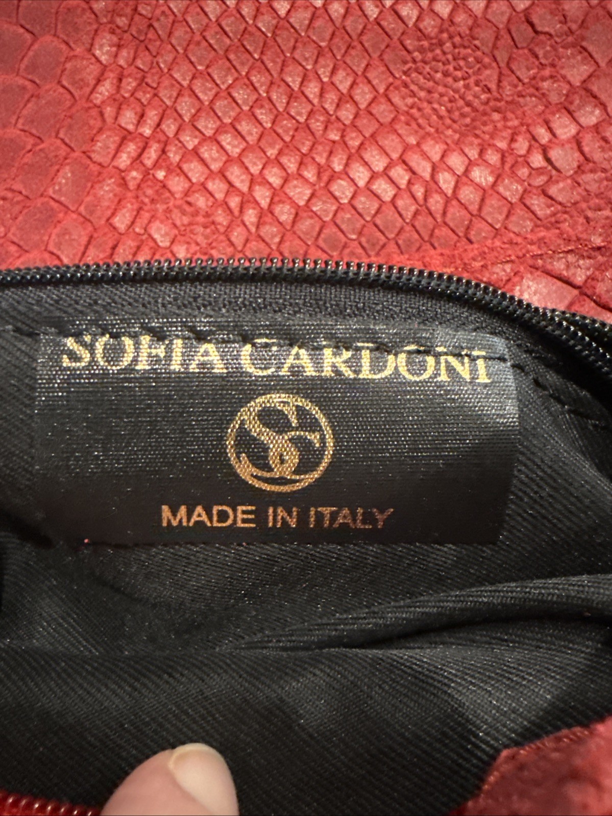 Sofia C. Satchel Purse Bag Red Leather Reptile Made In Italy, 9 x 7 x 1″