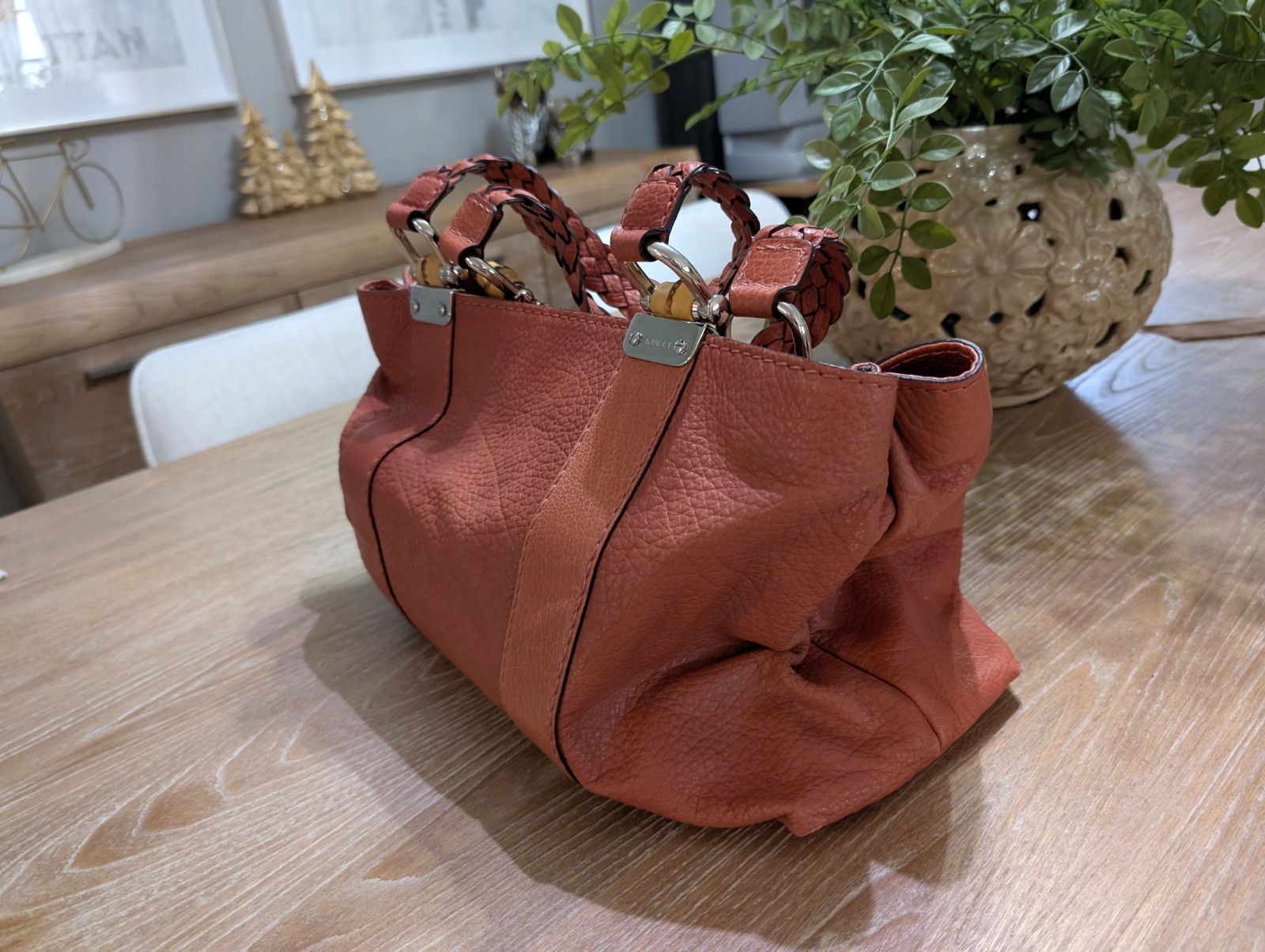Authentic Gucci Bamboo Shopper Tote Purse – Pebbled Leather, Rust / Burnt Orange