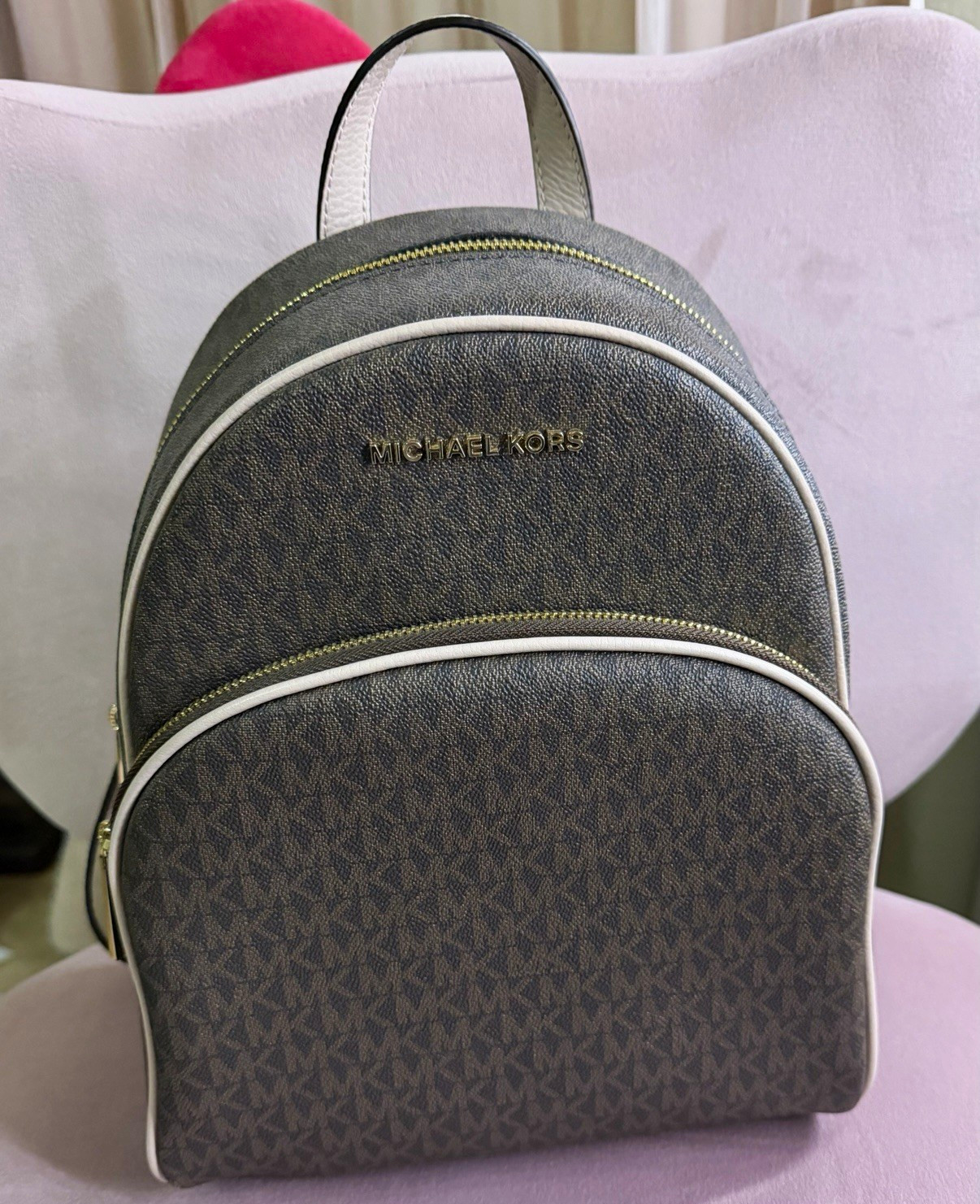 Michael Kors Monogram Logo Backpack Brown White Trim Gold Hardware Medium Zip