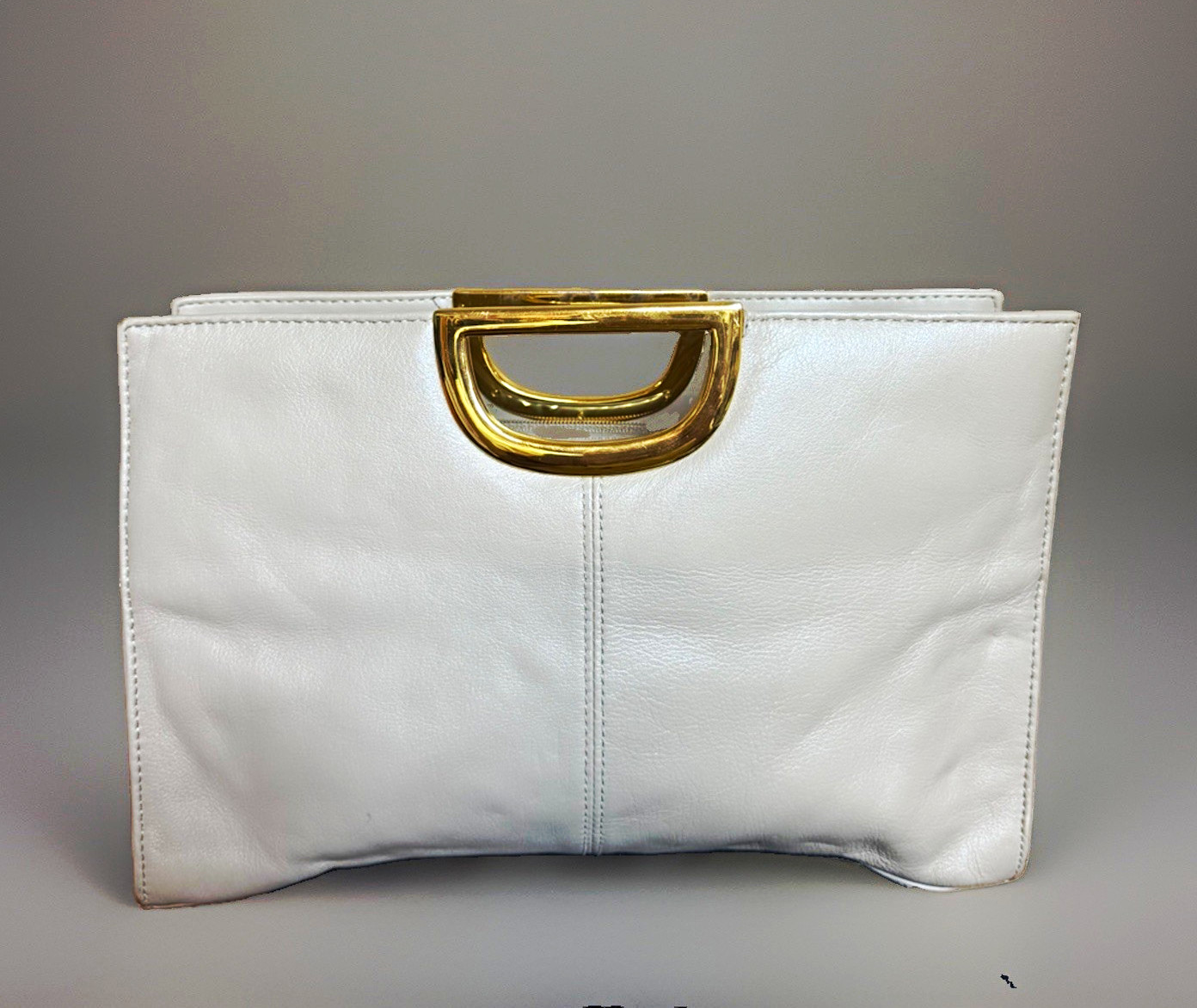 Giani Bernini Stone/Cream Clutch Handbag Gold Tone D Handle 12.5×8”