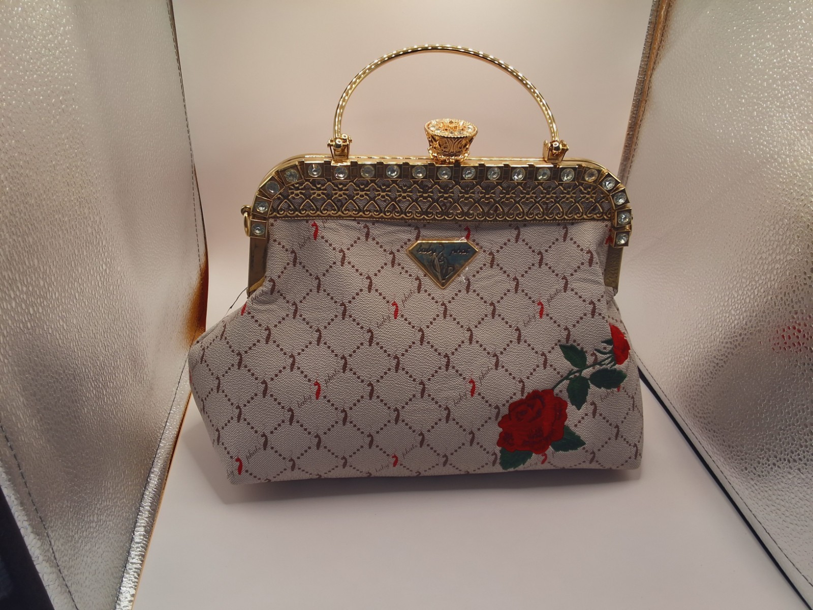 Baby Phat Large Kiss-Clasp Hand/Shoulder Bag Purse Shopper Cat Embroidered Roses