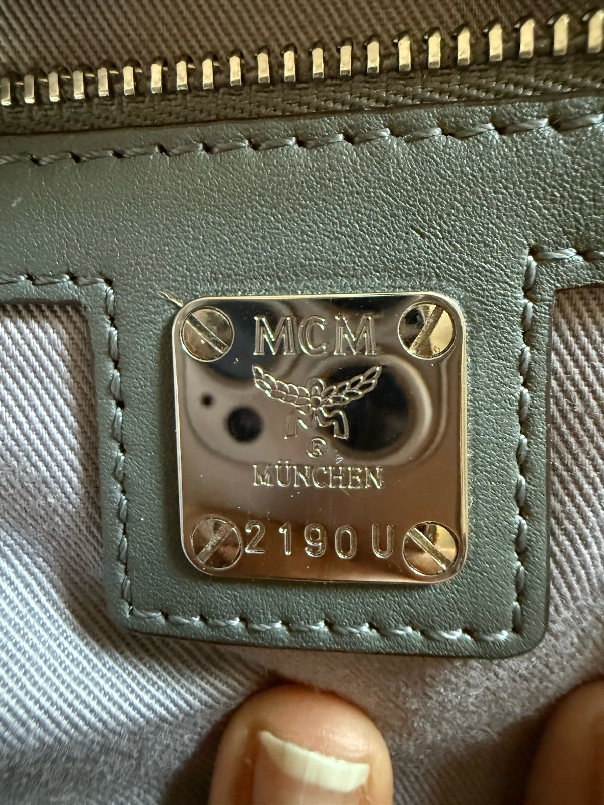 MCM Gray Logo Embossed Shoulder Bag Zip Closure Inner Pockets w/ Dust Bag