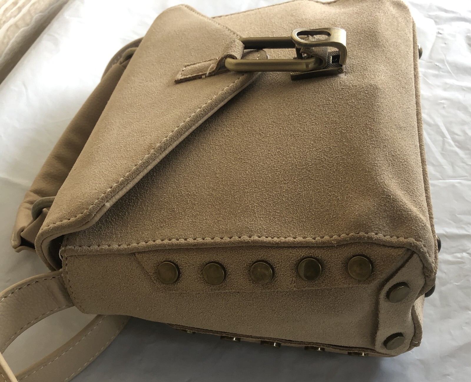 Lionel Beige Suede Crossbody Purse Handle Stud Accent Latch Close Adjust Strap