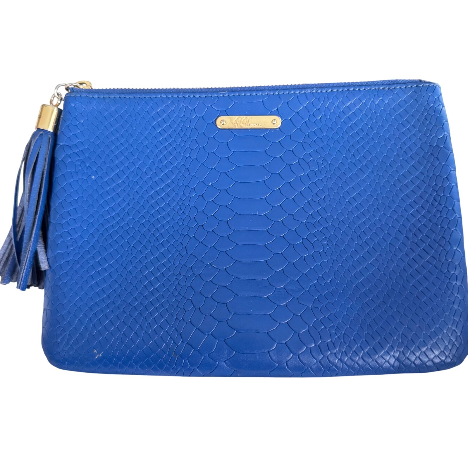 GiGi New York Faux Snakeskin Tassel Zip Pouch Cobalt Blue 9.5×7.25 preloved