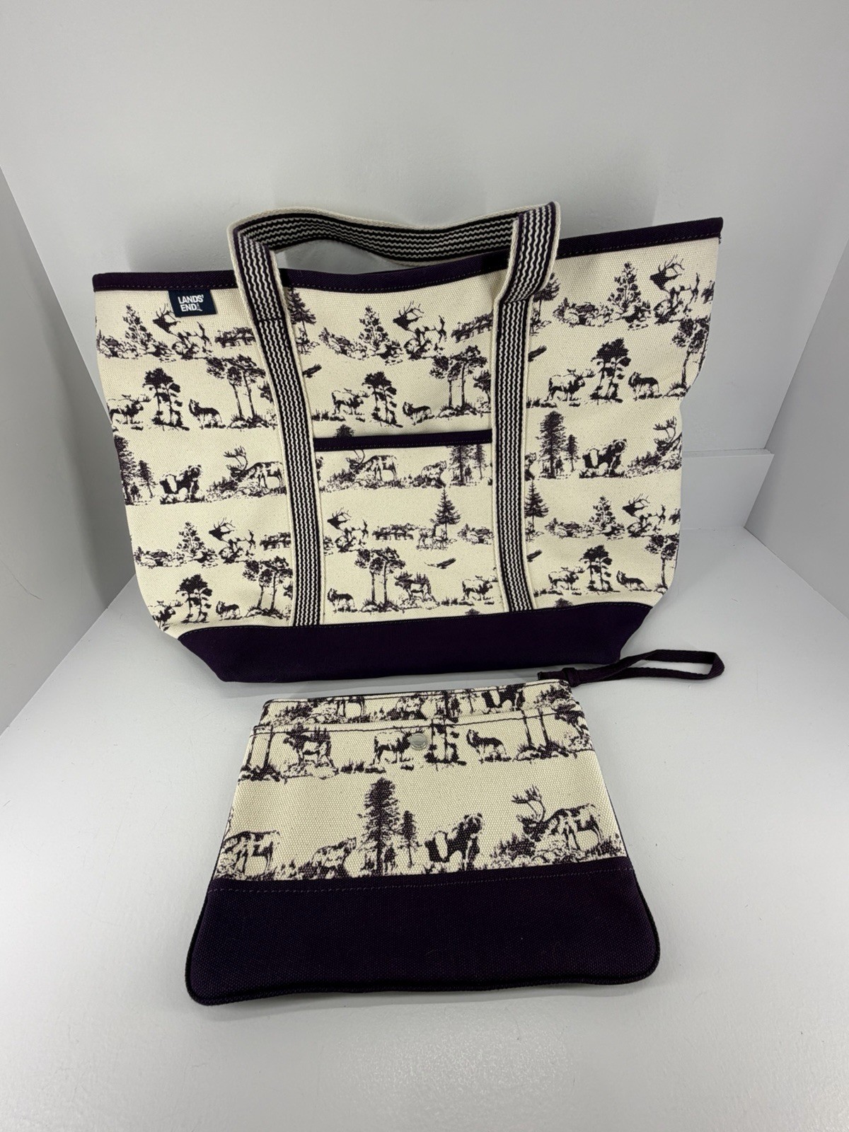 Lands End Cream Purple Woodland Toile Heave Canvas Tote W/Matching Wristlet