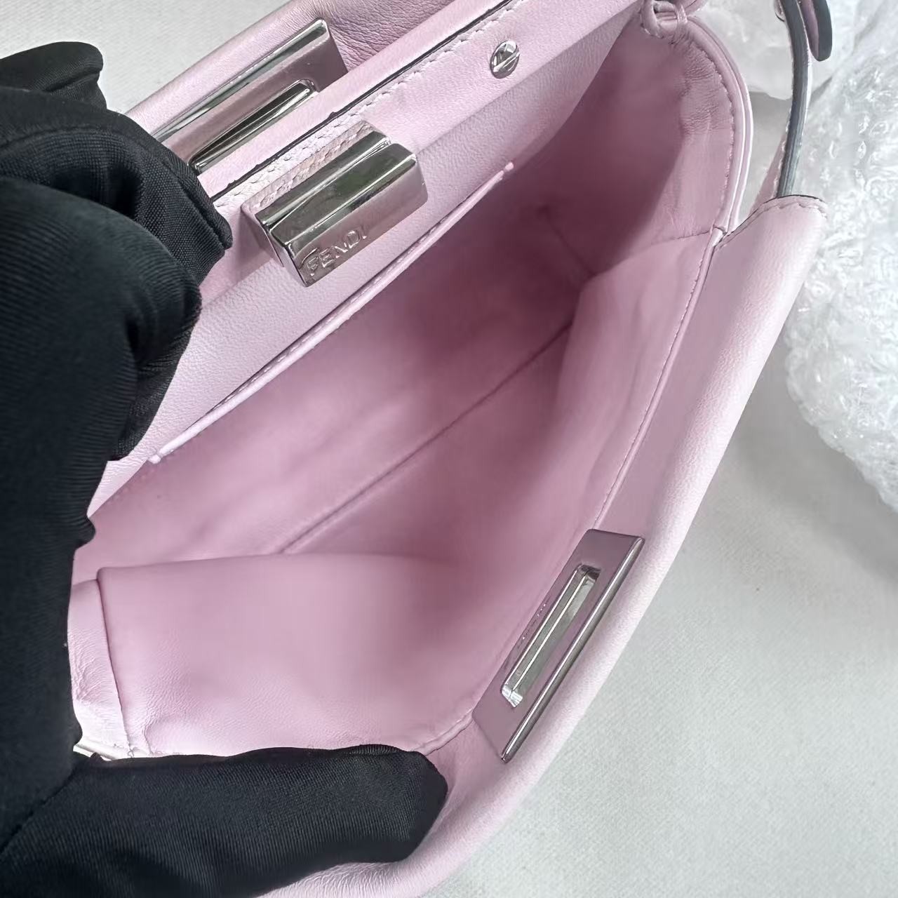 Fendi Peekaboo Light Pink Smooth Leather Silver Twist Lock Top Handle Bag
