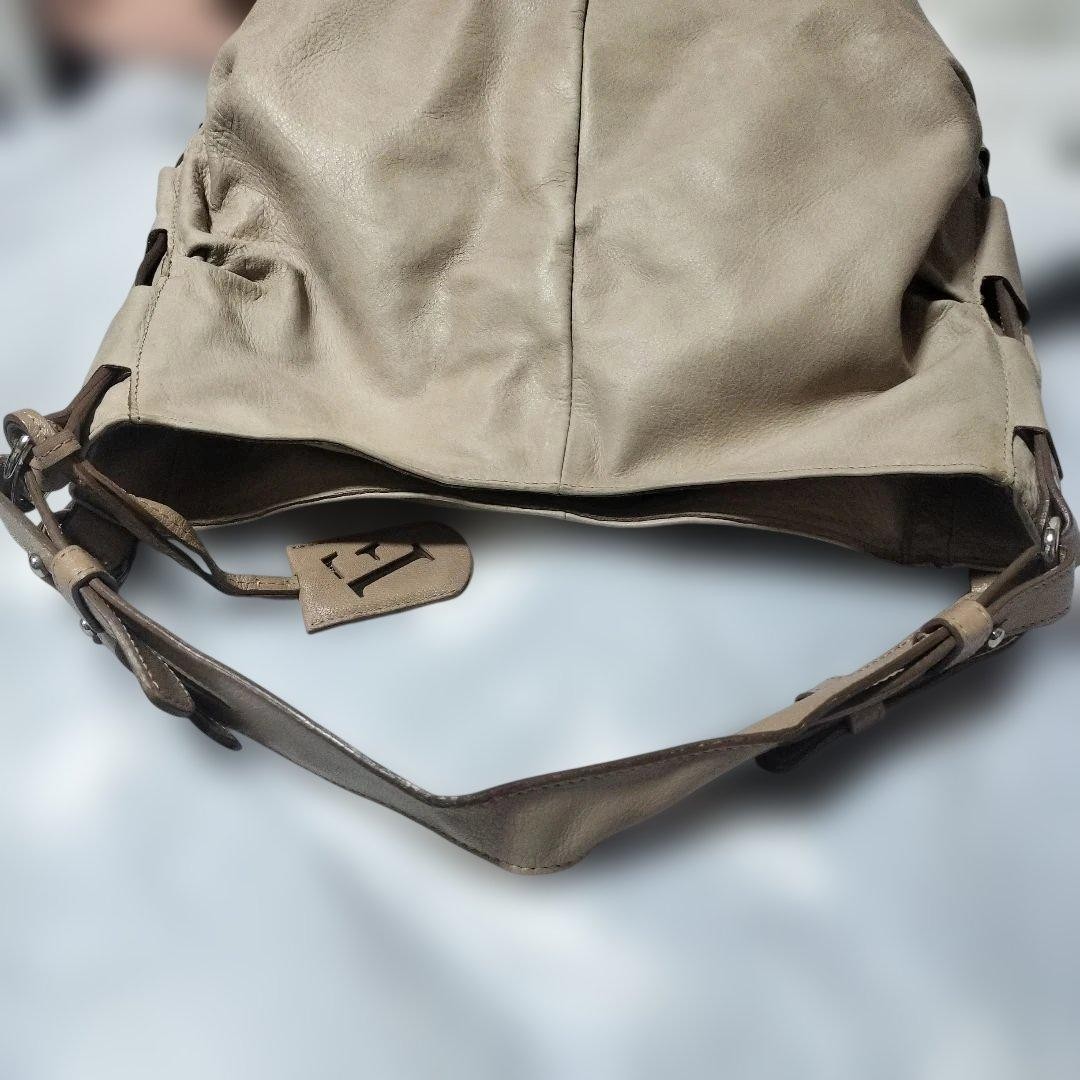 FURLA Genuine Leather Shoulder Bag Beige Soft Pouch Vintage Authentic