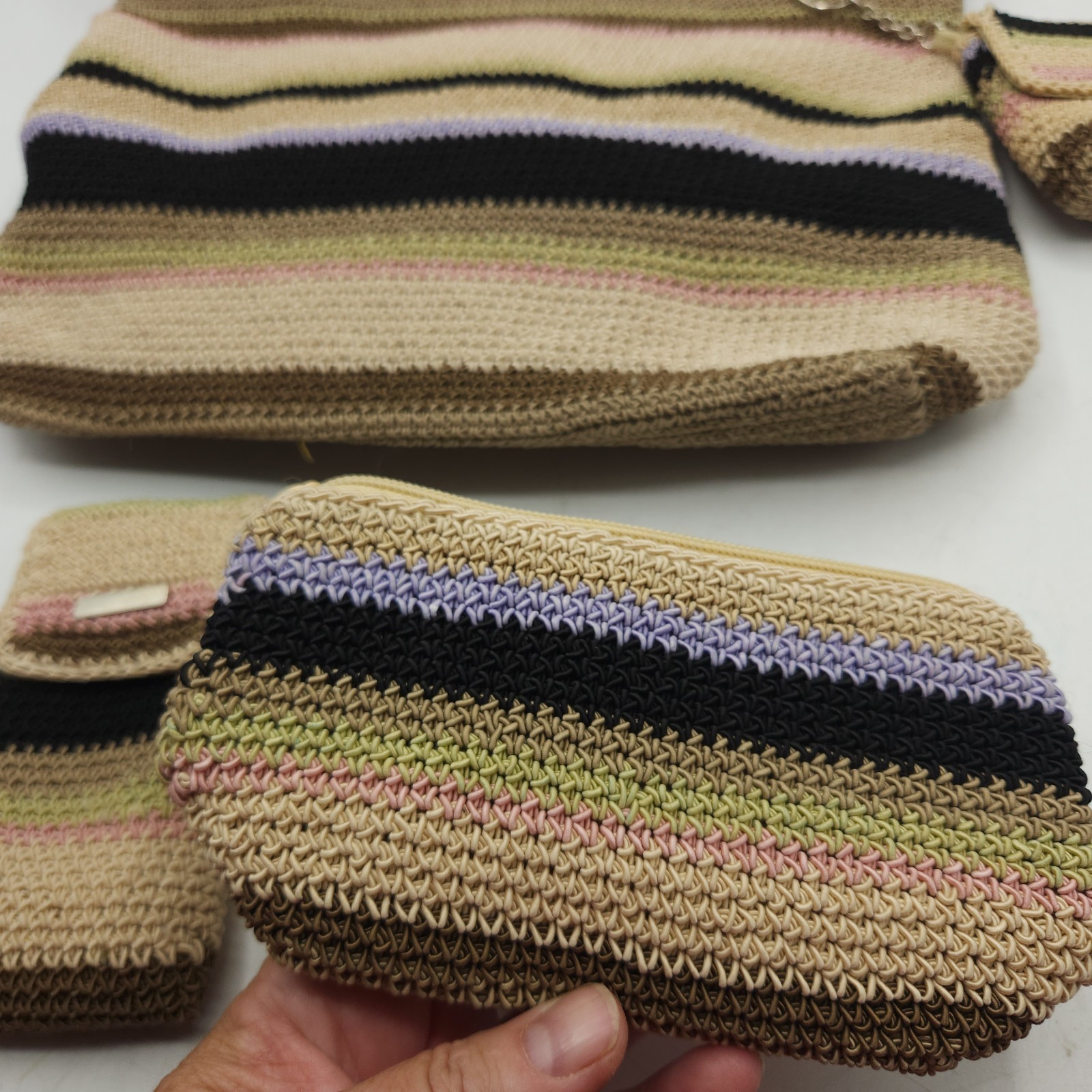 Worthington 4 piece Crochet Knit Shoulder Bag Glasses Holder Change Purse