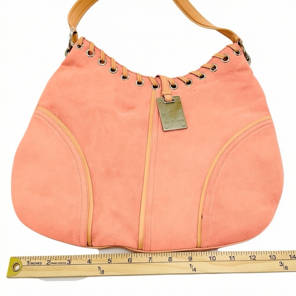 Sergio Rossi Coral Suede Hobo Bag Leather Laced Grommet Shoulder Purse Italy
