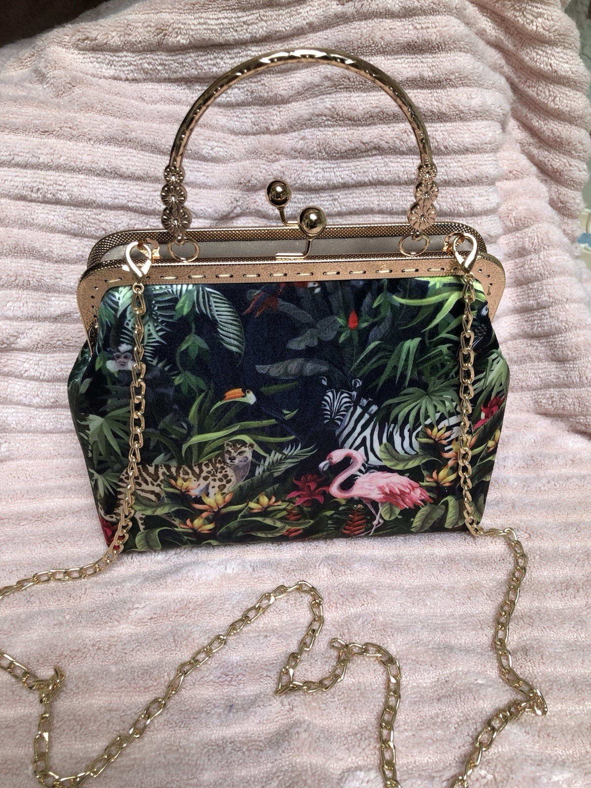 Off Park Collection-Animal/Jungle Satin Print Purse with feet.