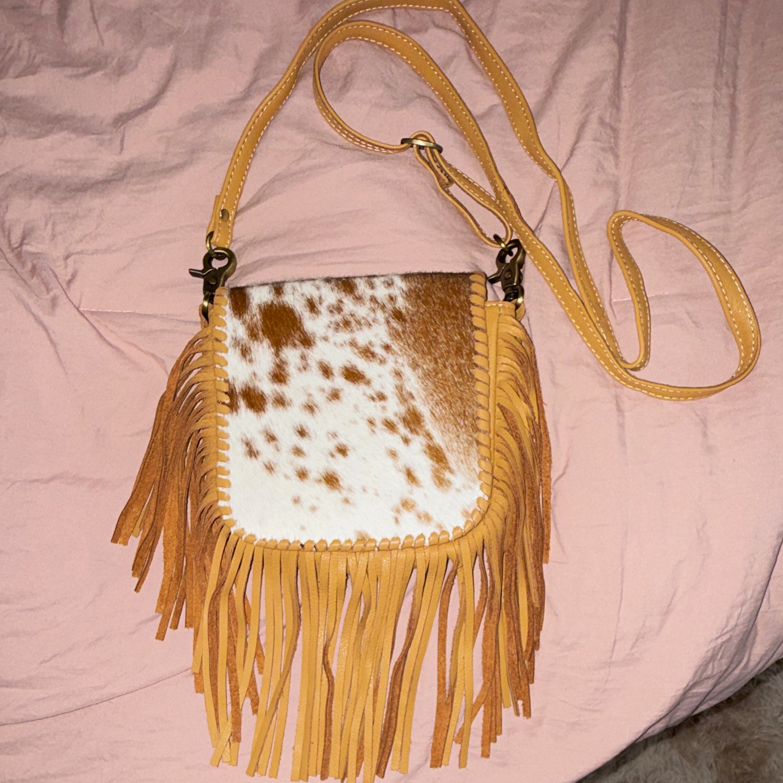 Boho Ranch Western Cowhide Print Fringe Crossbody Bag, Zip Magnetic, Pockets
