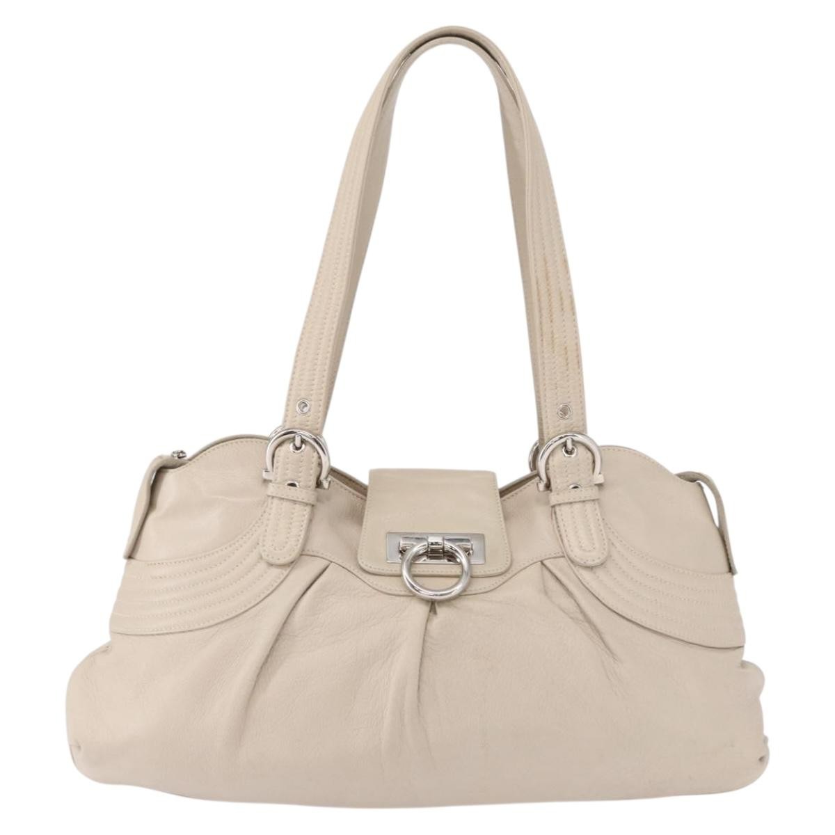 Salvatore Ferragamo Gancini Shoulder Bag Leather Silver White Auth 149671