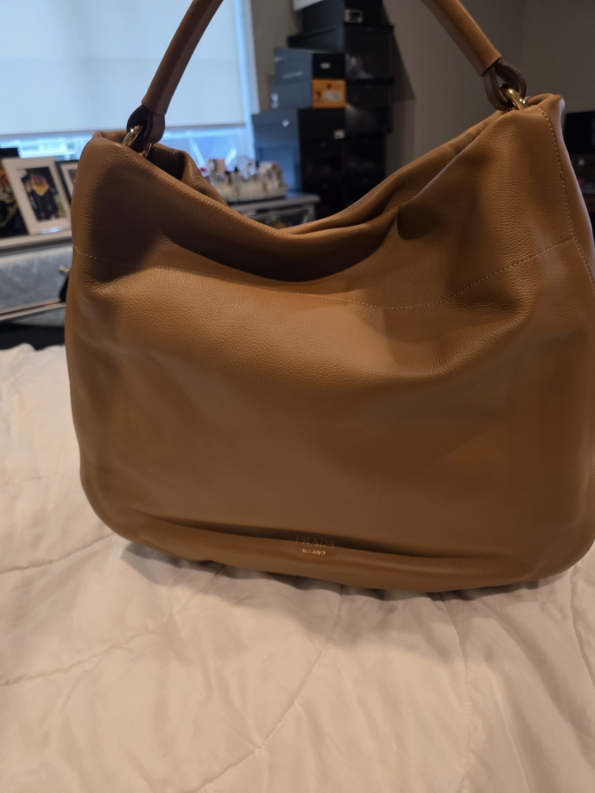 Authentic Brand New PRADA Vitello Phenix Hobo Brown/Camel Leather