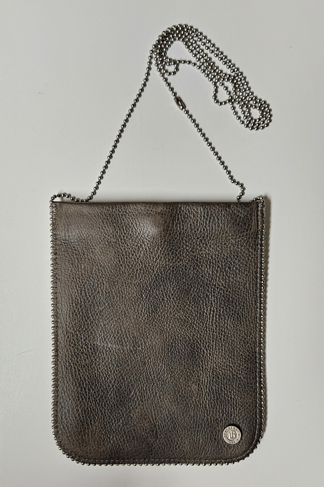 Leatherock USA Pebbled Leather Pouch Chain Detail & Crossbody Grey 7.75″x 6.25″