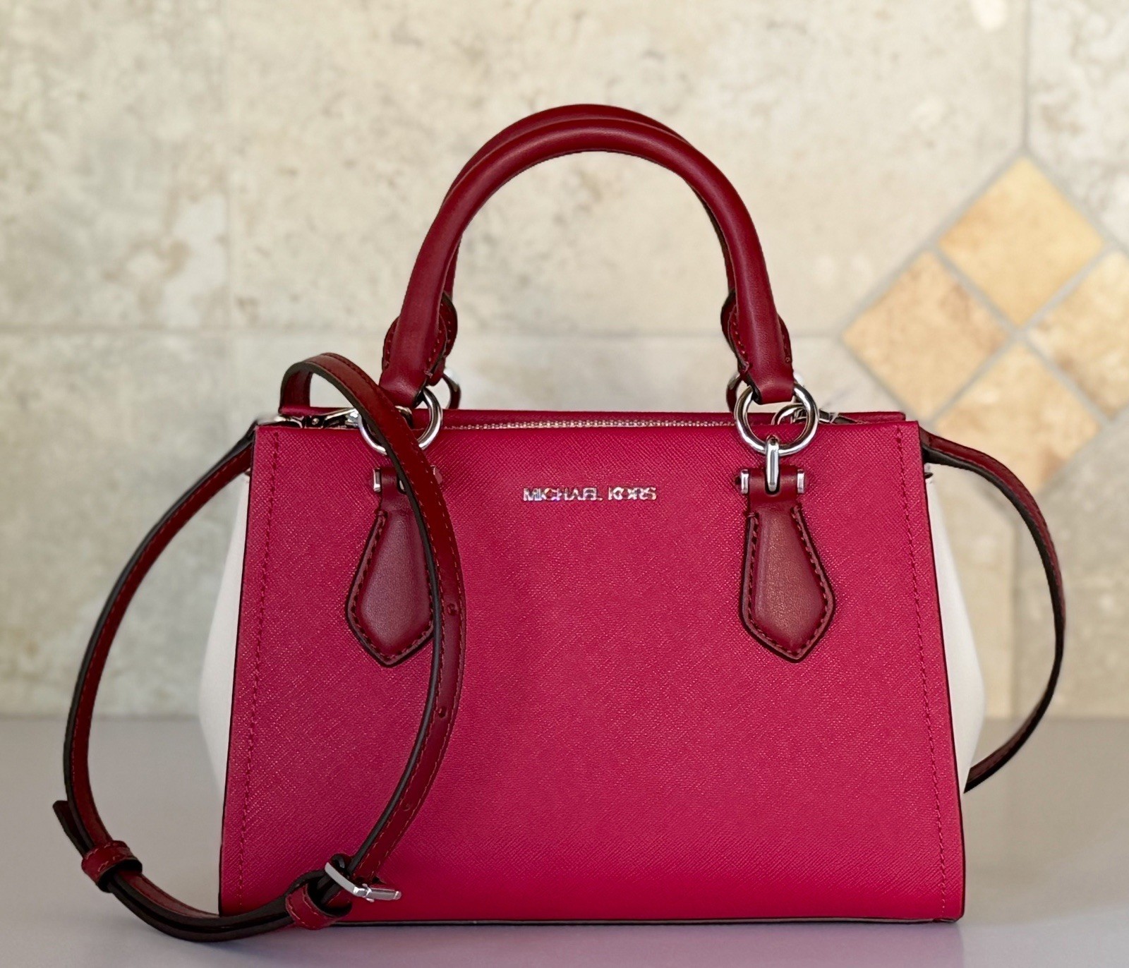 Michael Kors Marilyn Small Satchel Shoulder Bag Color-Block Dark Raspberry Multi