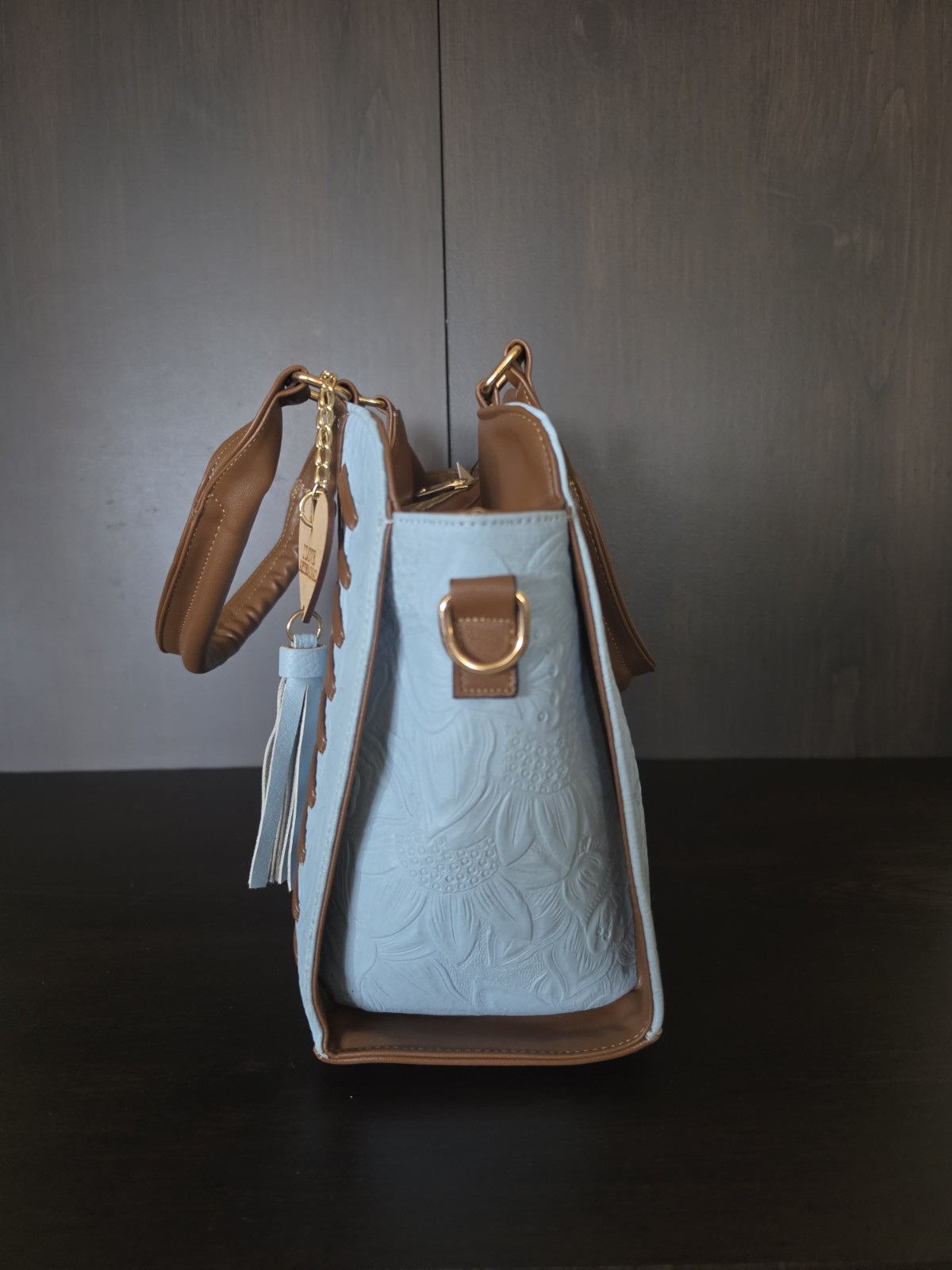 Baby Blue Brown Floral Stitched Embossed Tooled Artisan LEATHER Purse Crossbody