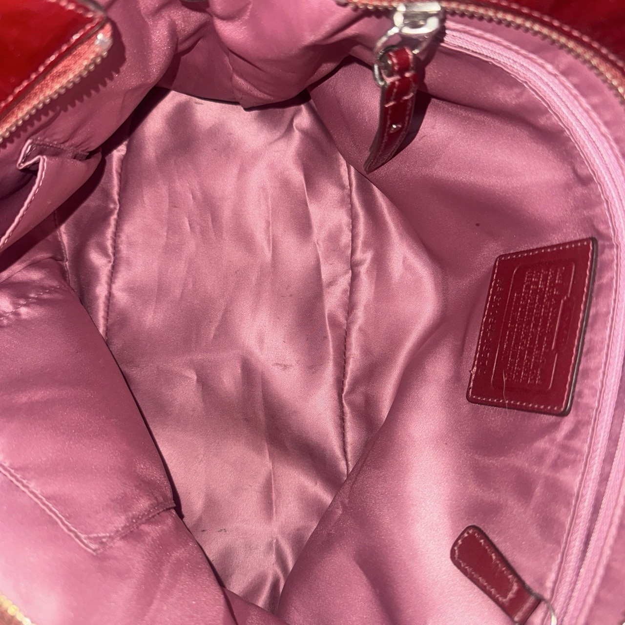 Coach Burgundy Patent Tote Zip Double Handles Silver Chain Straps Pink Lining
