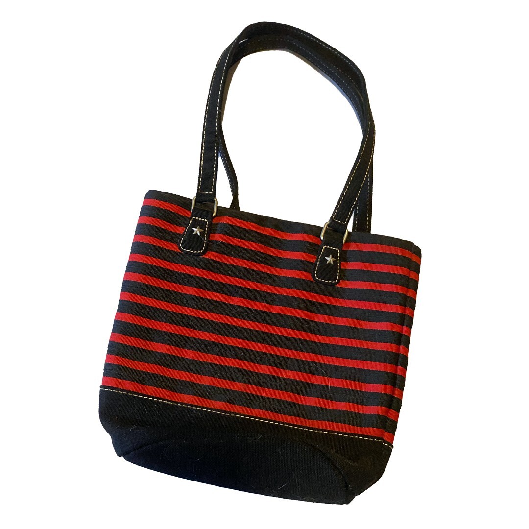 Liz Claiborne Red Black Stripe Tote Bag Polka Dot Lining Small Handbag