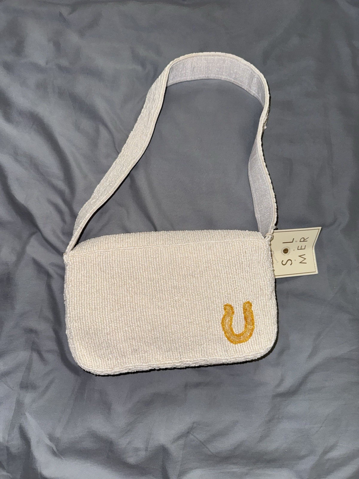 White Beaded Shoulder Bag with Boots and Flowers New with Tags