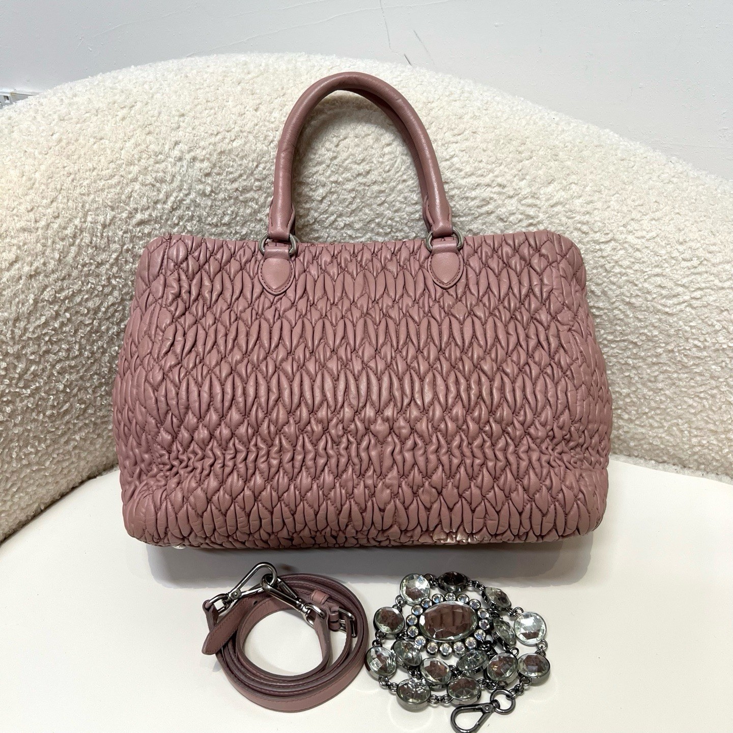 Miu Miu Nude Pink Gem-Embellished Chain Tote Bag (Handheld/Crossbody)