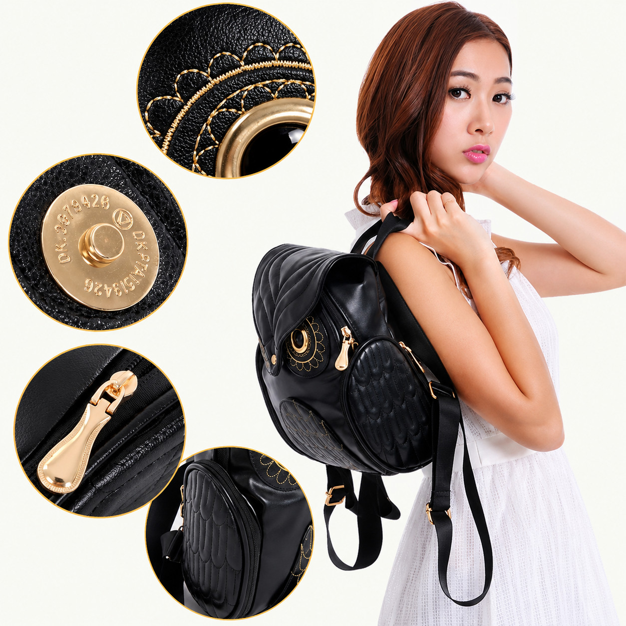Womens Owl Backpack Black PU Leather Mini Backpack Cute School Travel Bag
