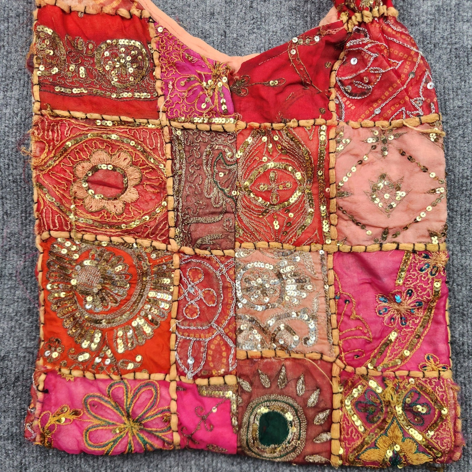 Bohemian Hand Patchwork Hobo Bag Embroidered Sequin Pink Orange Red Shoulder Bag