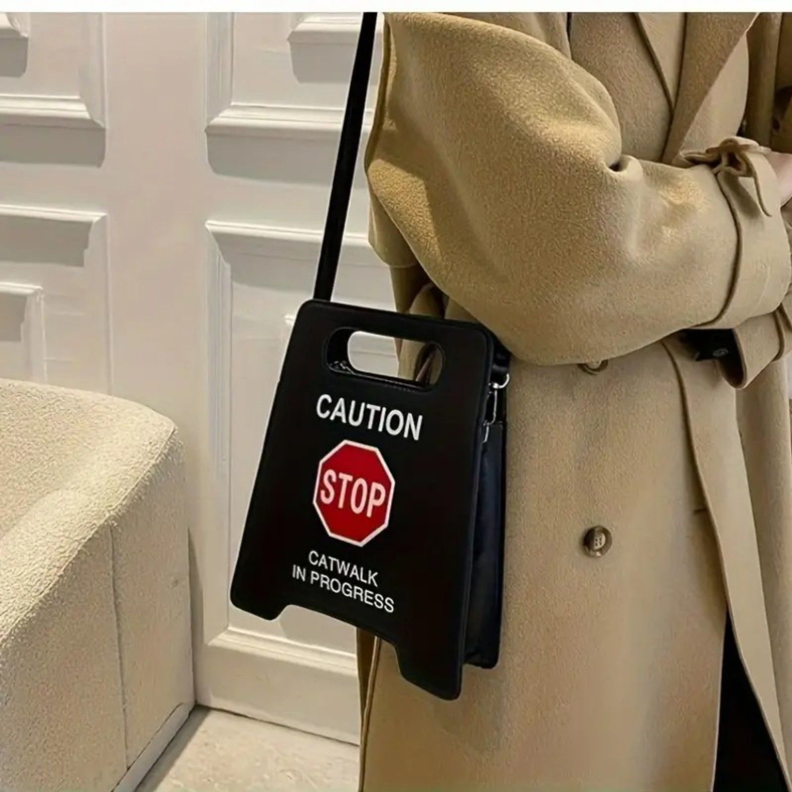 Street Style Black Caution STOP Catwalk in Progress Crossbody Purse