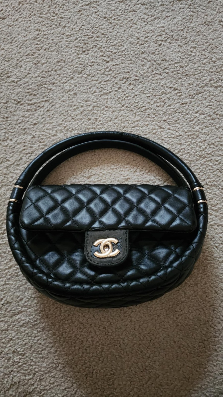 Chanel Medium Hula Hoop Bag Vintage CC Black Lambskin Flap SHW Quilted Rare