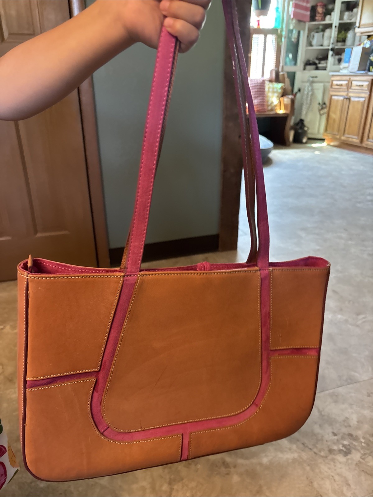 Claudia Firenze Tan Italian Leather Handbag Tote with Dk Pink Suede Trim Accents