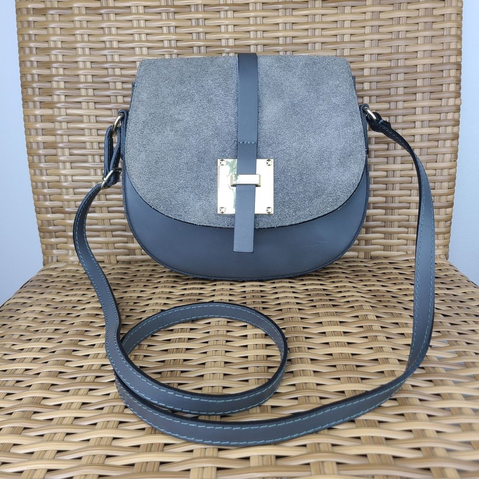 Borse In Pelle Italian Leather Saddlebag Crossbody Bag Gray Gold Tone Accents