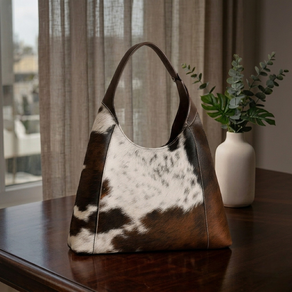 Genuine Cowhide Hair-On Leather Hobo Tote Bag Purse | Large Boho Shoulder Bag