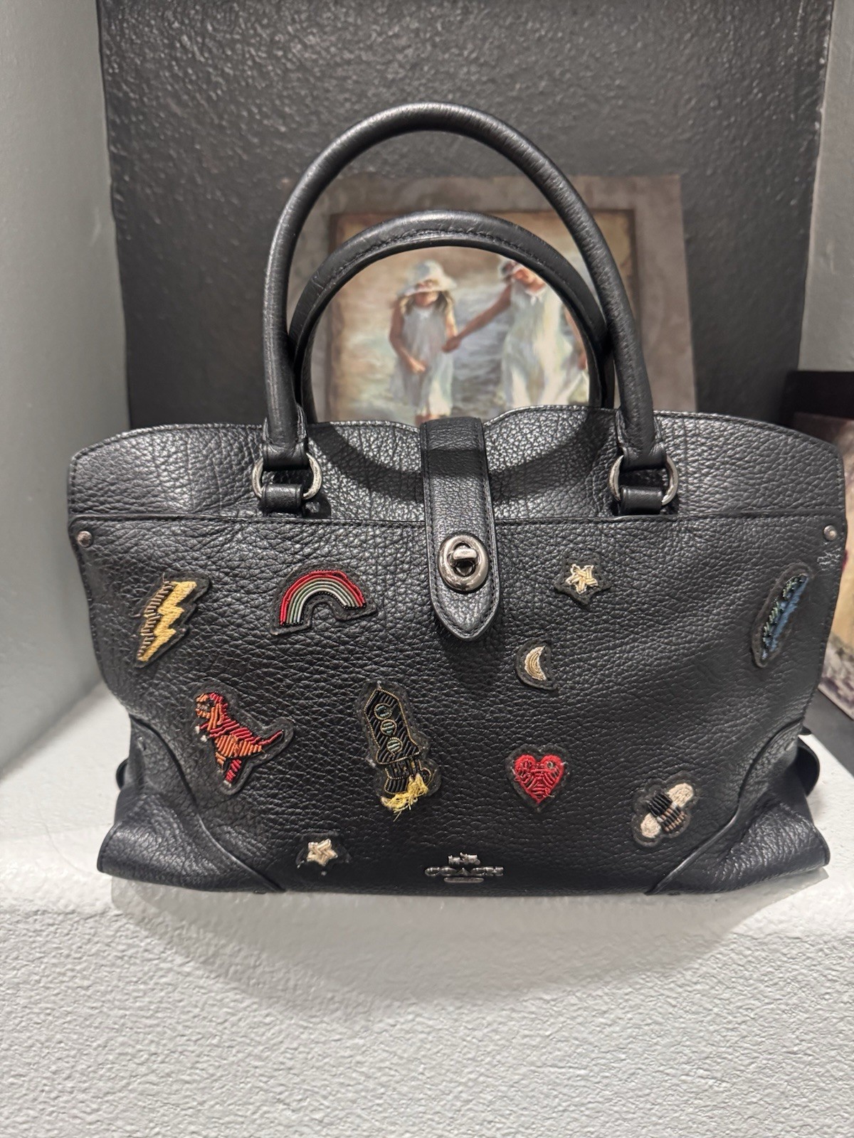 COACH Mercer Satchel 30 In Grain Leather W/ Souvenir Embroidery Black Hand Bag