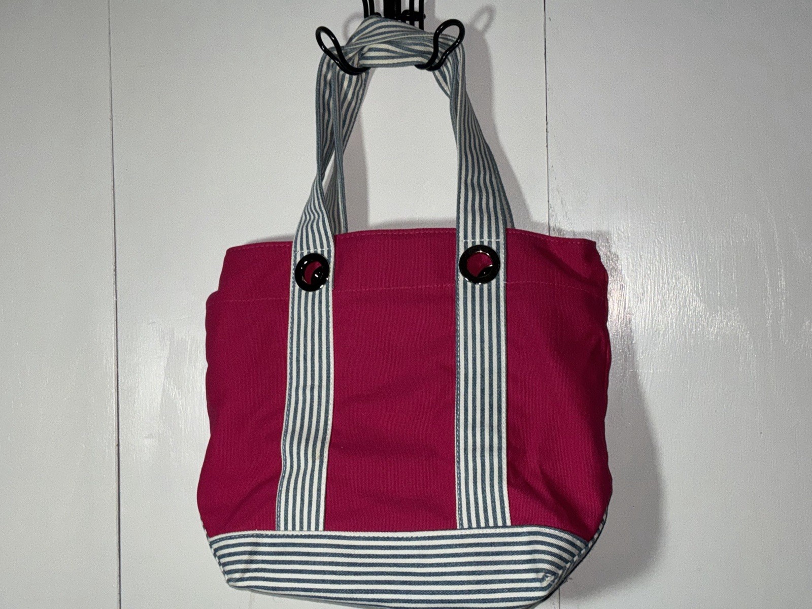 Pink Canvas Tote With Blue Striped Trim Small Coin purse Attached 12 X 12 Beachy