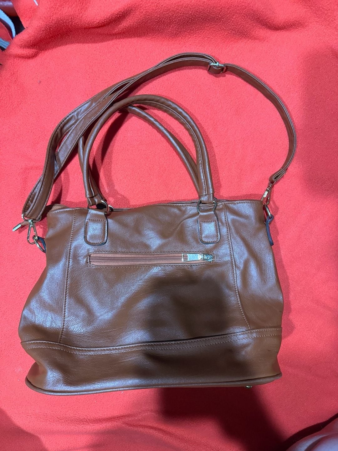 Brown Vegan Leather Multi-Zip Pocket Satchel with Crossbody Strap