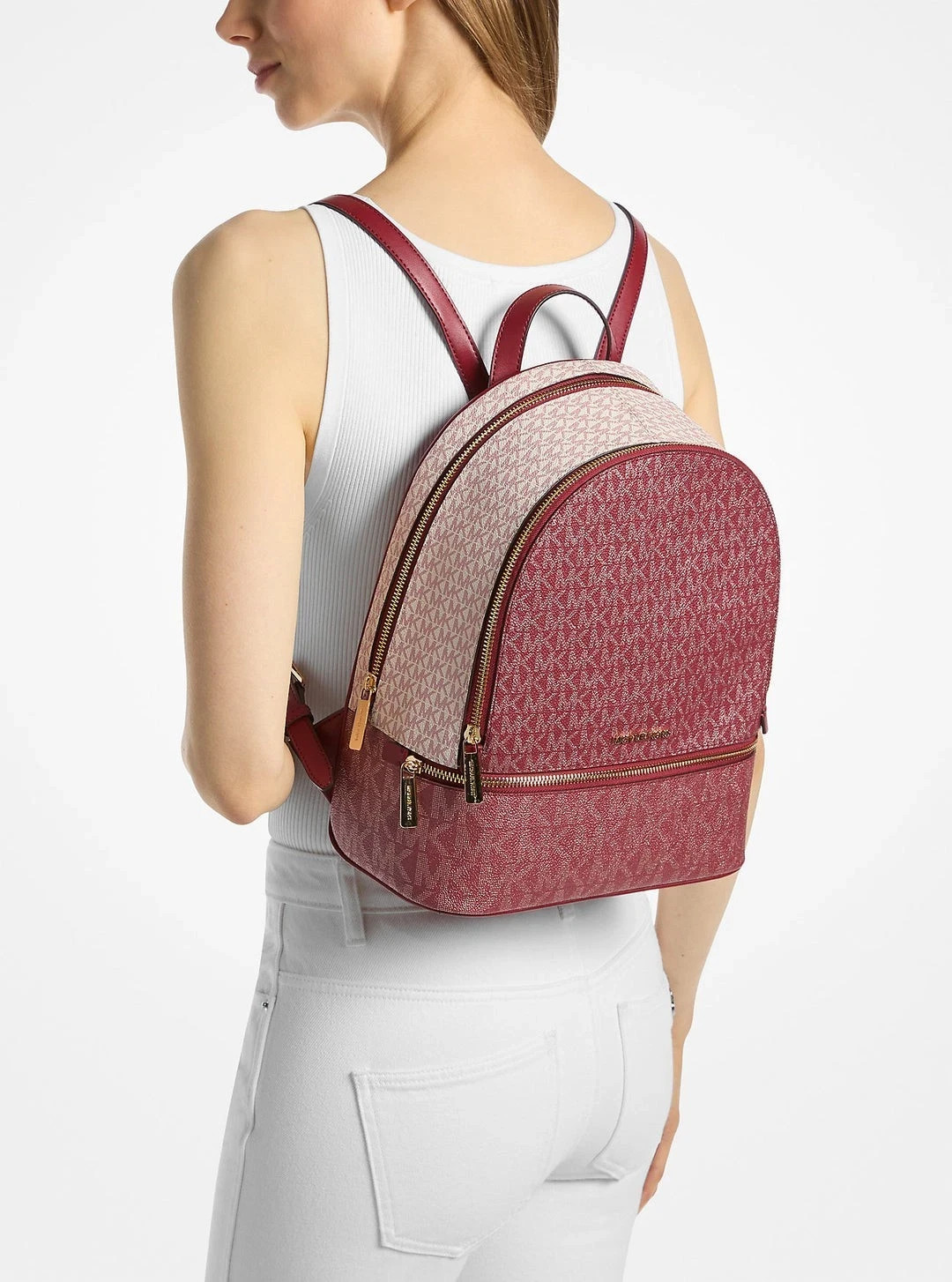 Michael Kors Rhea Medium Metallic Signature Logo Backpack Bag (Cherry)