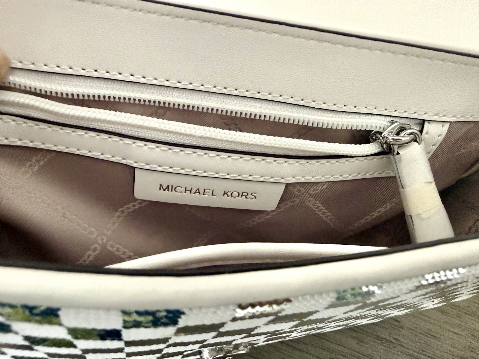 Michael Kors Parker Checker Sequence White/ Silver Handbag / Shoulder Bag Purse