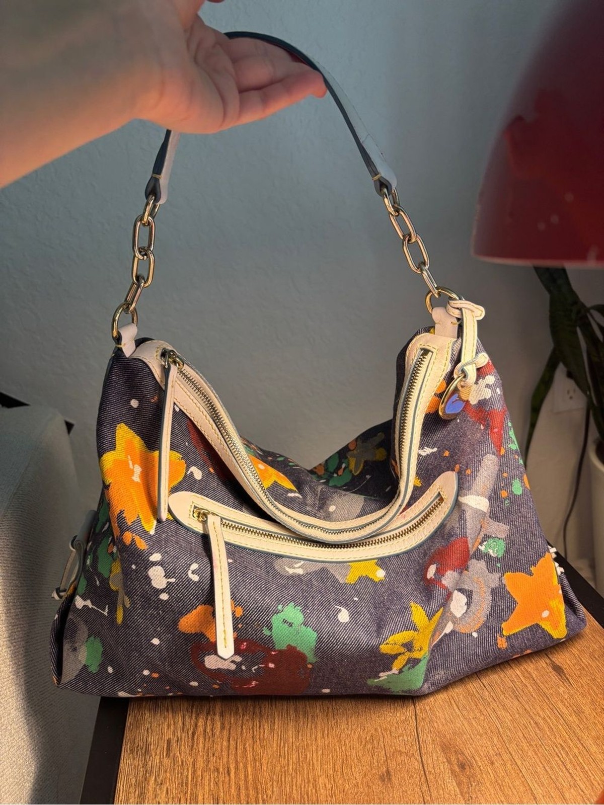 Vintage Y2K Dooney & Bourke Floral Splatter Shoulder Bag – Denim & Leather